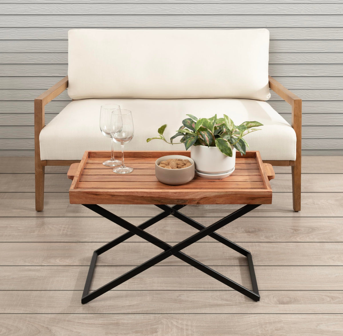 Natural Brown and Black Wood Tray Table with Removable Serving Tray Top P9103