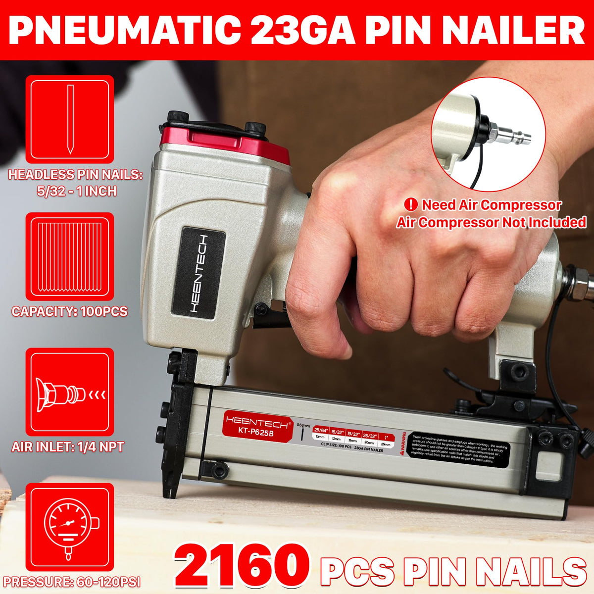 Pneumatic Pin Nailer 23 Gauge with 2160pcs Pin Nails J5738