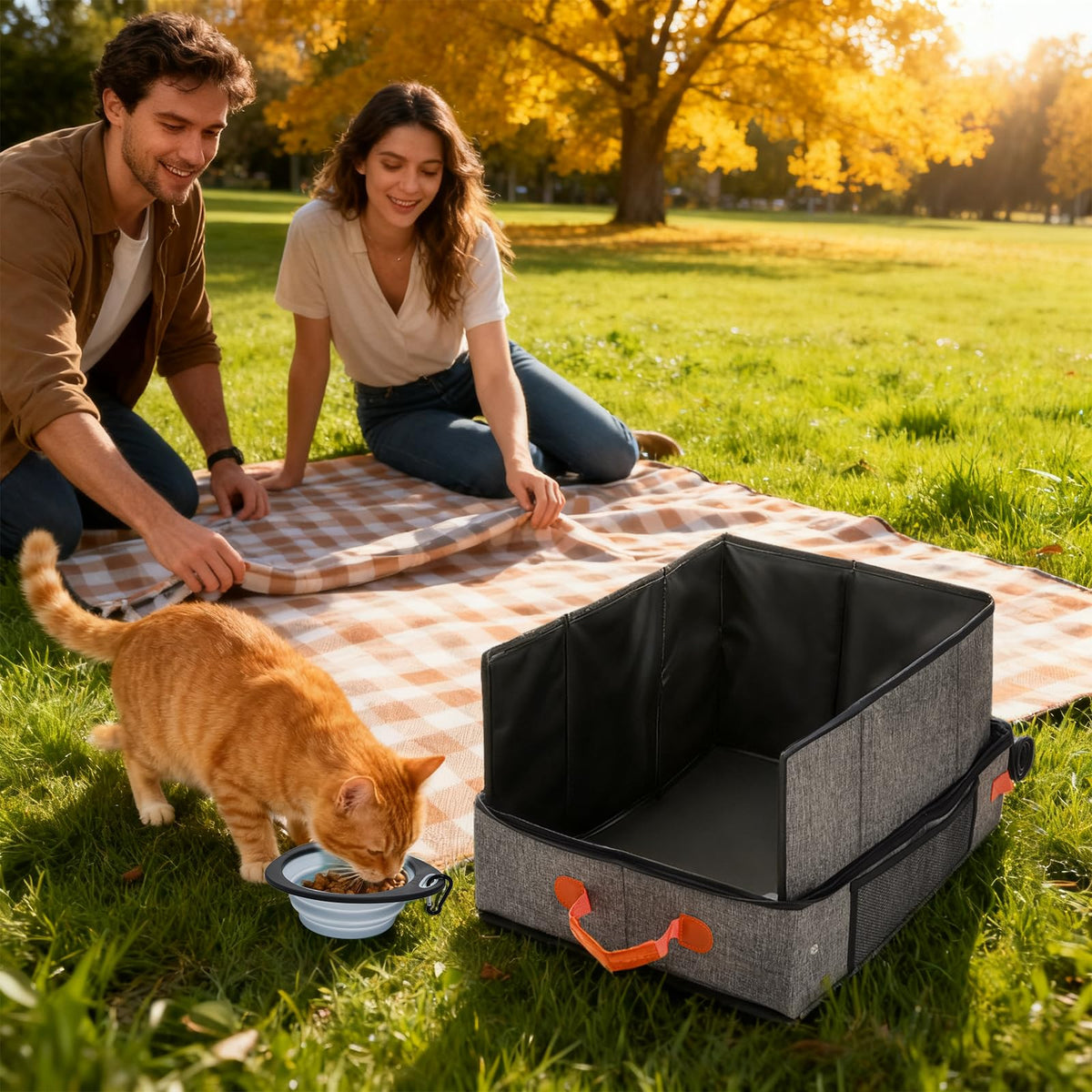 Portable Foldable Cat Litter Box with Lid & Scoop & Bowl O3979