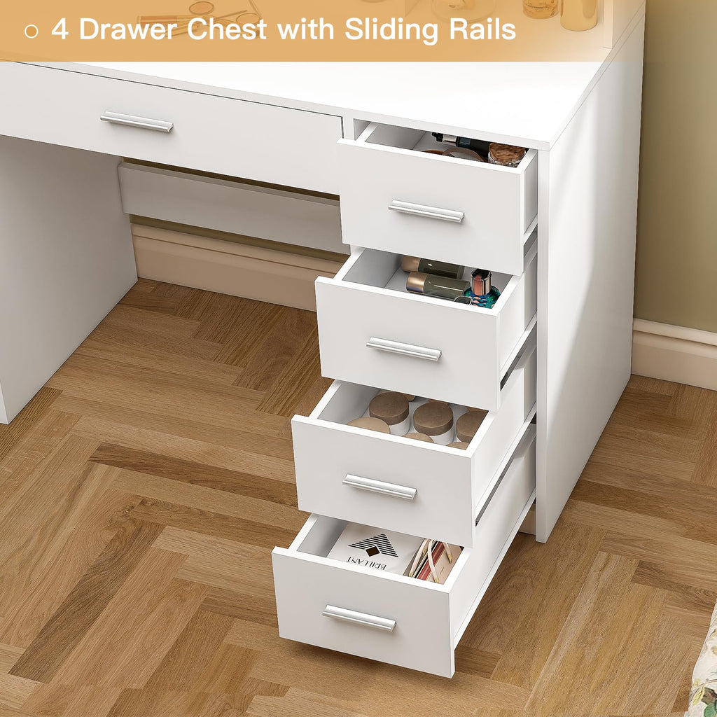 White Vanity Desk with Mirror & Lights, 5 Drawers & Storage Shelves O18533
