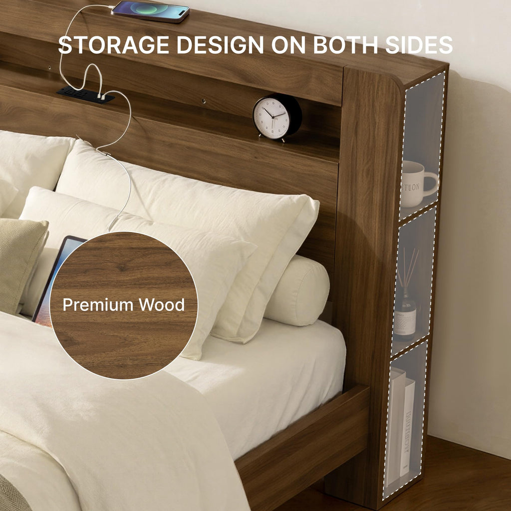 King Walnut Storage Bed Frame with LED Lights R131009