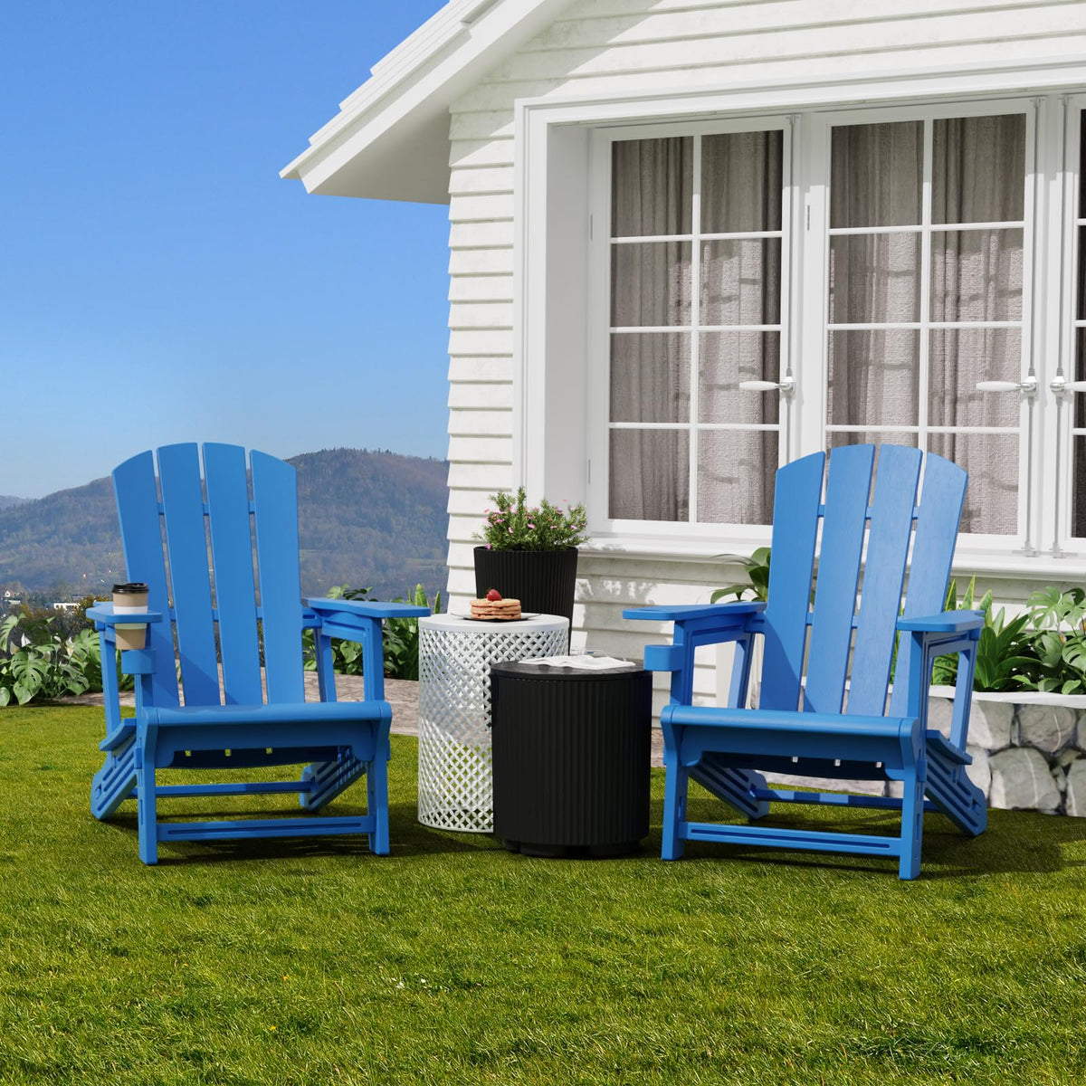 Klein Blue Plastic Adirondack Chairs Set of 2 with Cup Holder Y436