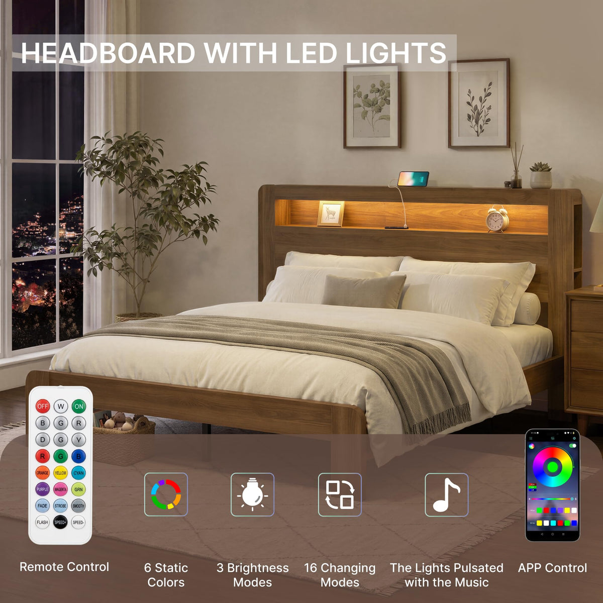 King Walnut Storage Bed Frame with LED Lights R131009
