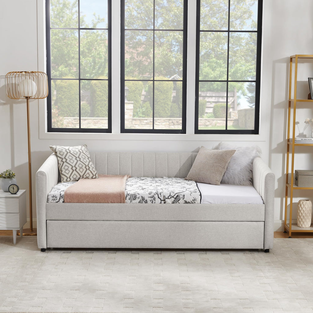 Beige Linen Twin Size Daybed with Trundle B3985