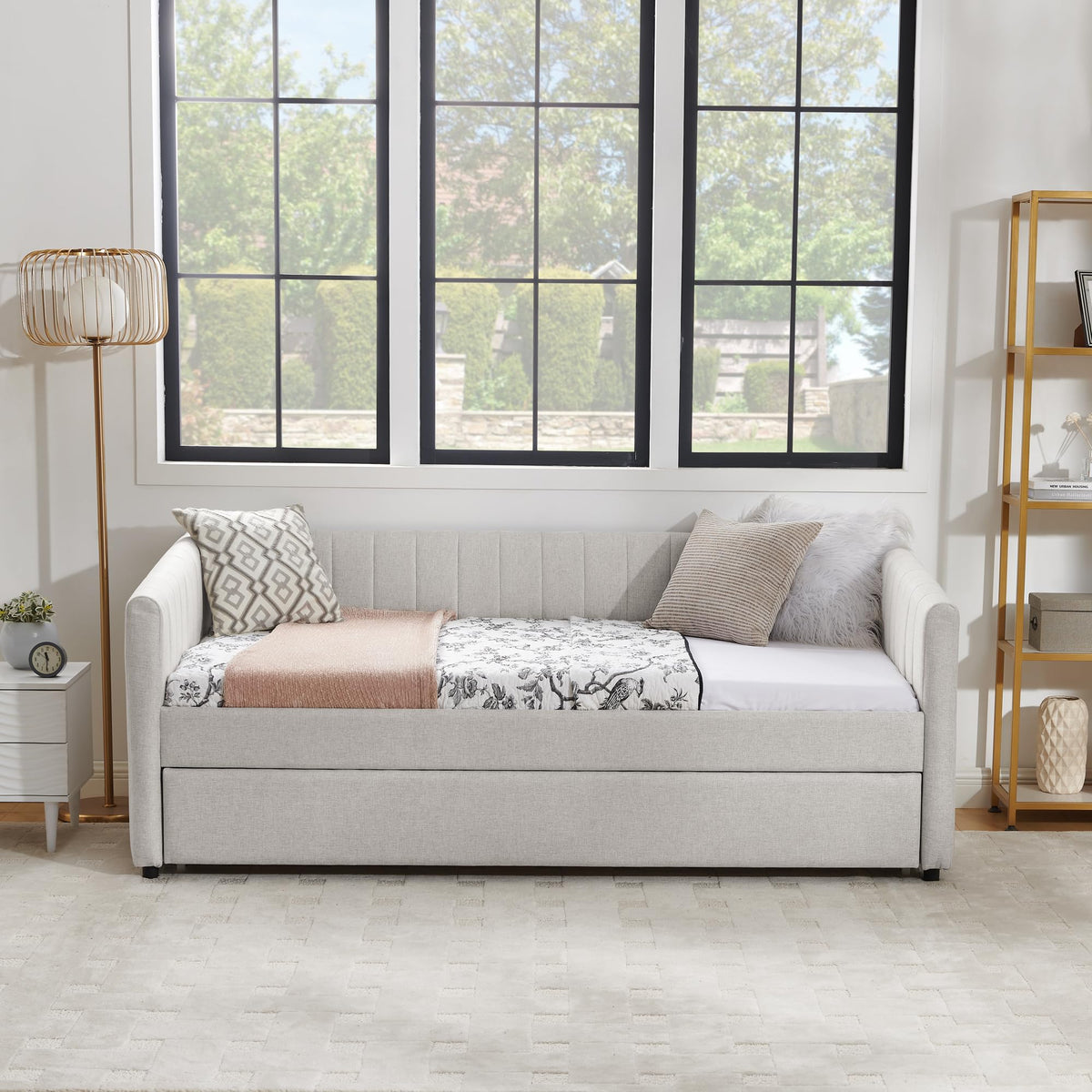 Beige Linen Twin Size Daybed with Trundle B3985