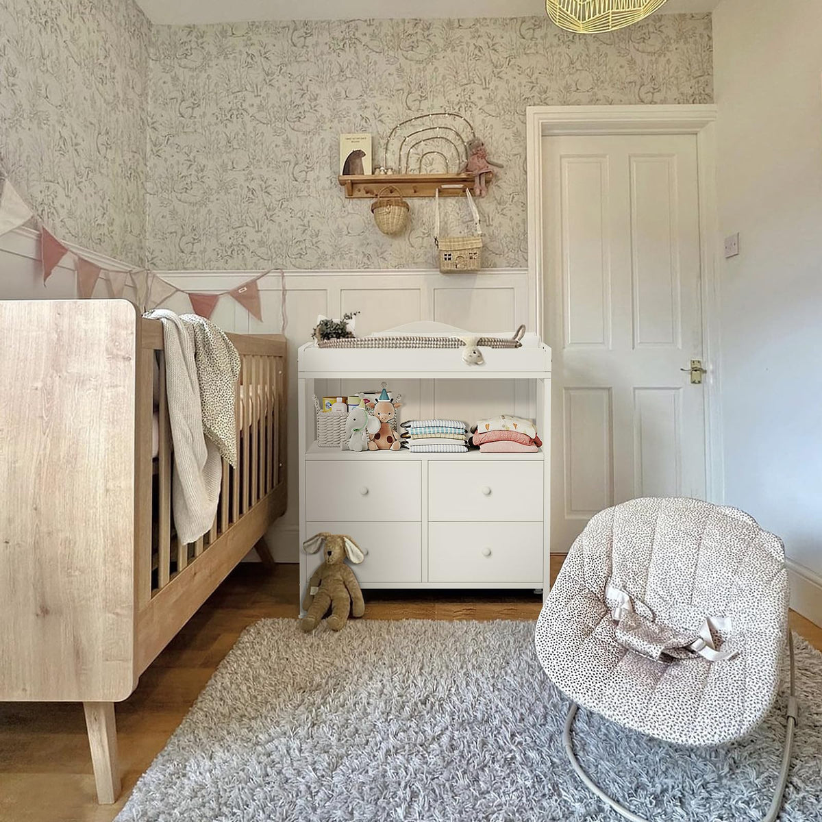White Changing Table Dresser with 4 Fabric Drawers and Open Shelf K9477