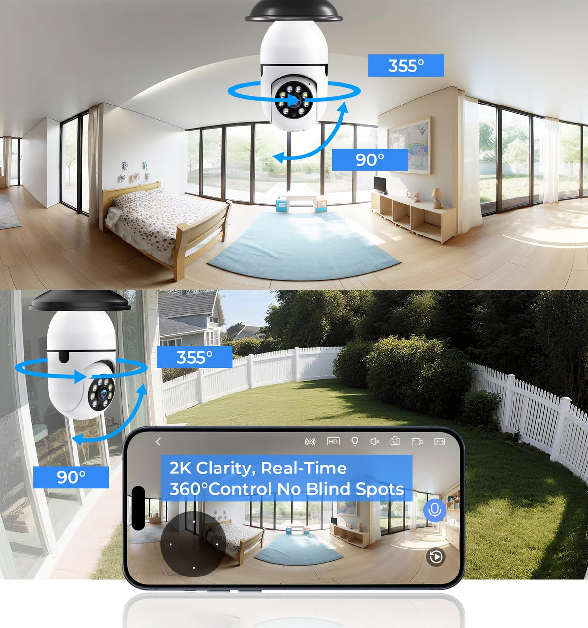 2K 5GHz & 2.4GHz WiFi Light Bulb Security Camera 360° PTZ T89600