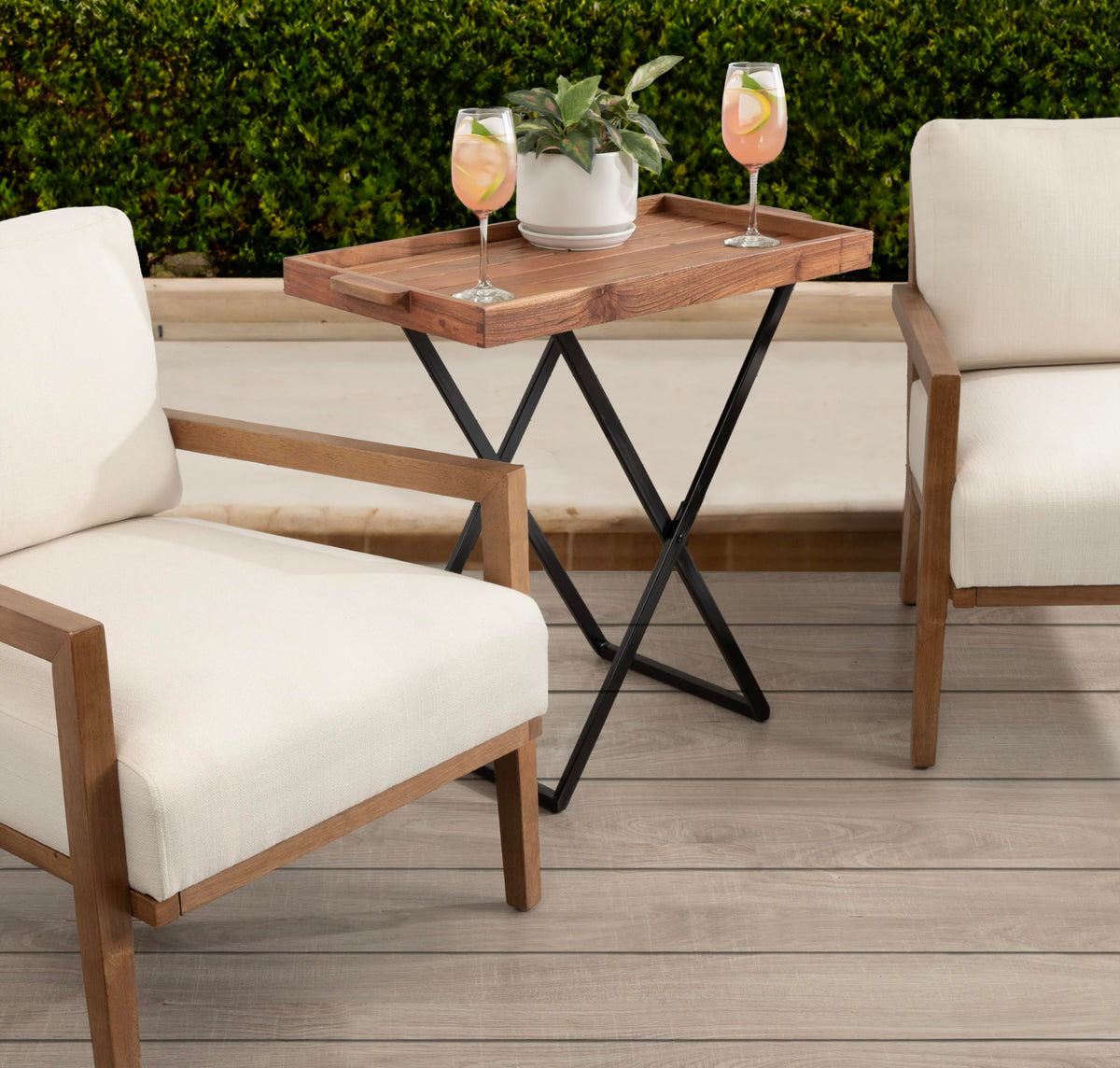Natural Brown and Black Wood Tray Table with Removable Serving Tray Top P9103