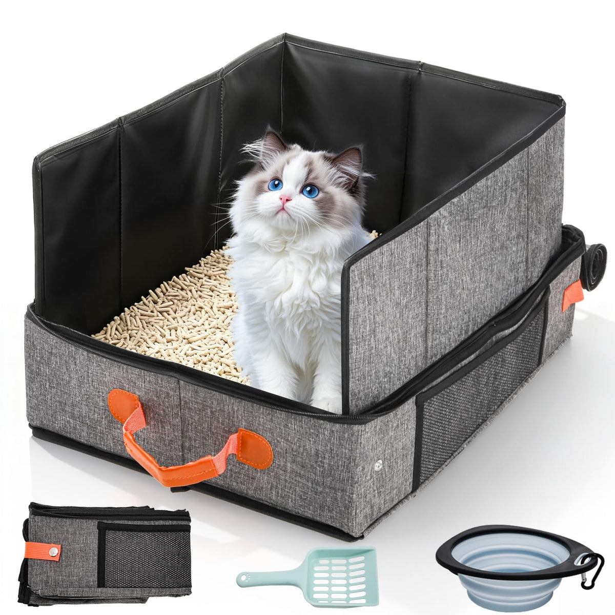Portable Foldable Cat Litter Box with Lid & Scoop & Bowl O3979