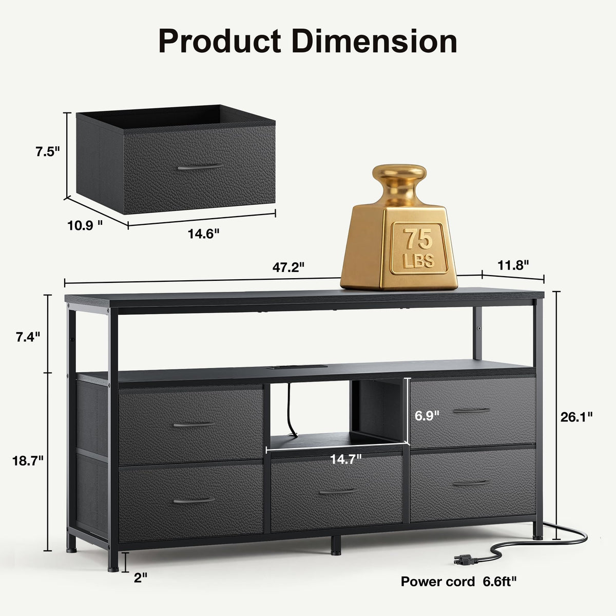 Black 5 Fabric Drawer Dresser TV Stand with LED Lights W37371