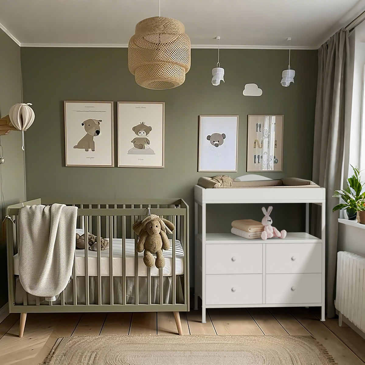 White Changing Table Dresser with 4 Fabric Drawers and Open Shelf K9477