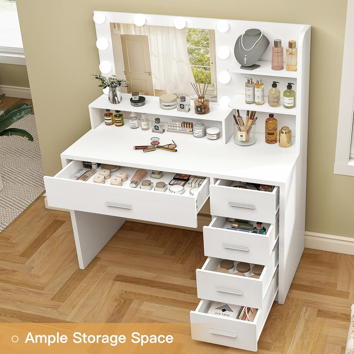 White Vanity Desk with Mirror & Lights, 5 Drawers & Storage Shelves O18533