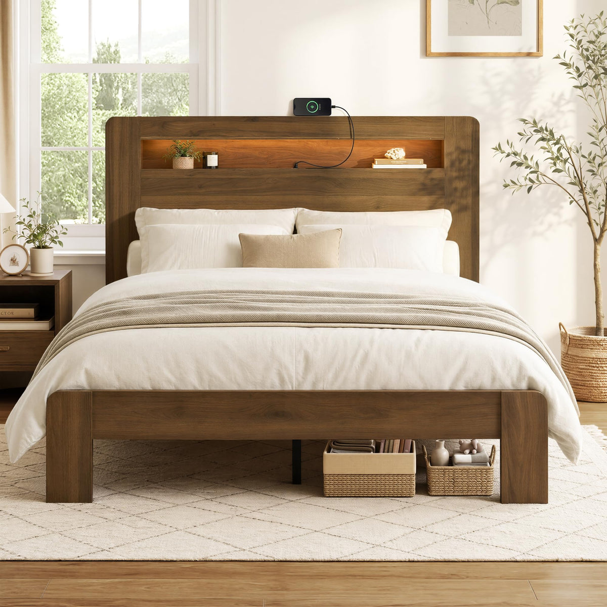 King Walnut Storage Bed Frame with LED Lights R131009