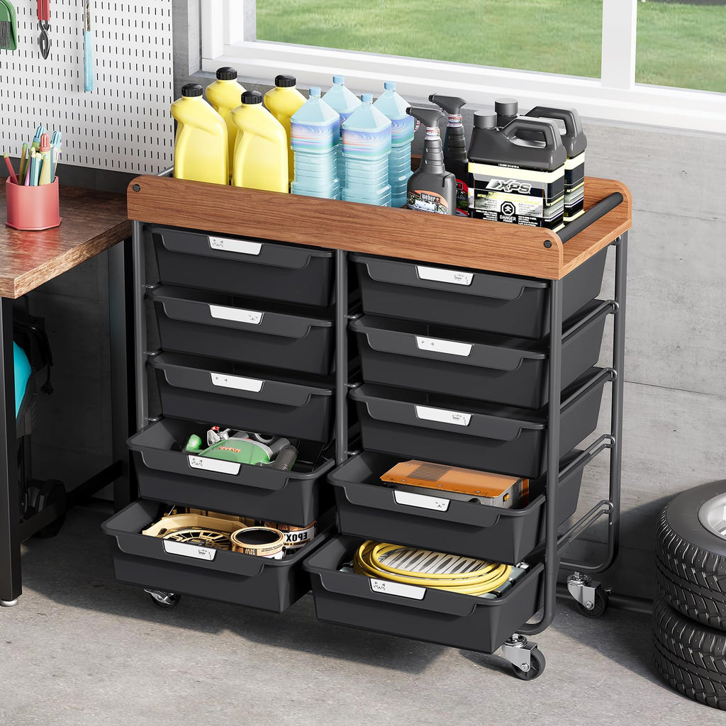 10 Drawer Rolling Storage Cart with Wooden Tabletop K587