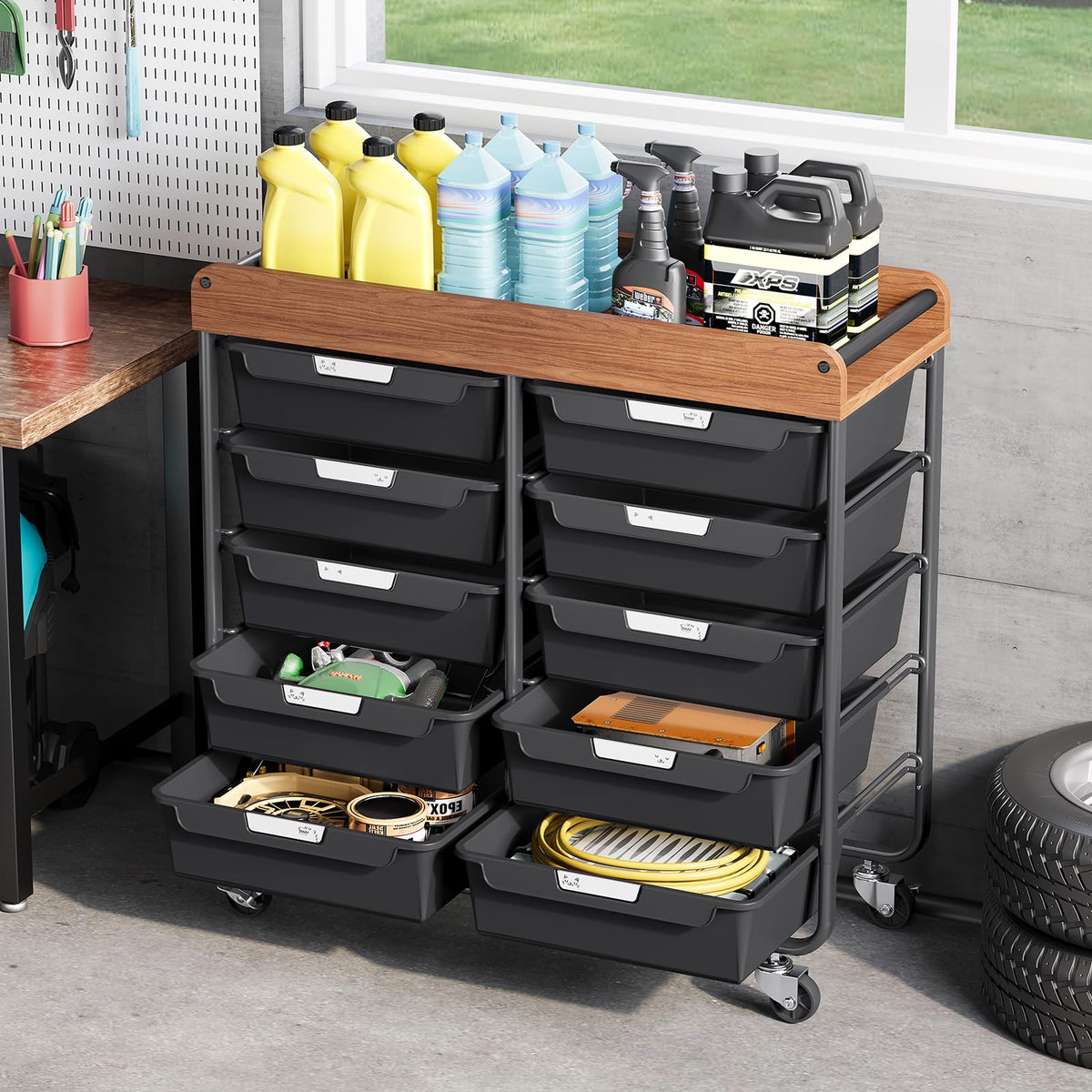 10 Drawer Rolling Storage Cart with Wooden Tabletop K587