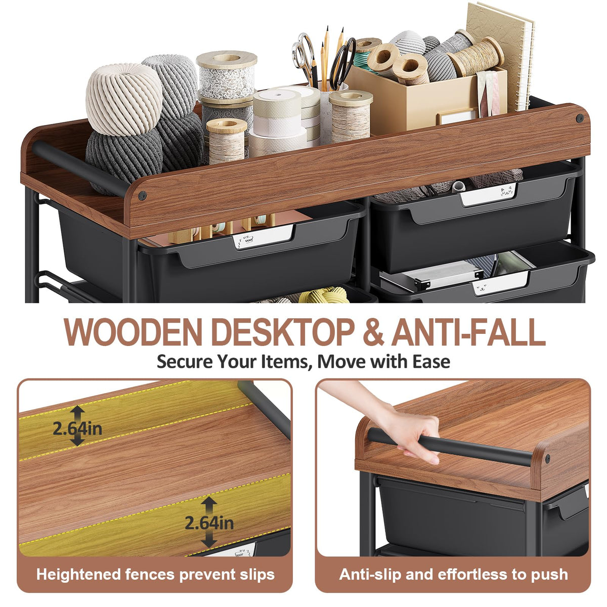 10 Drawer Rolling Storage Cart with Wooden Tabletop K587