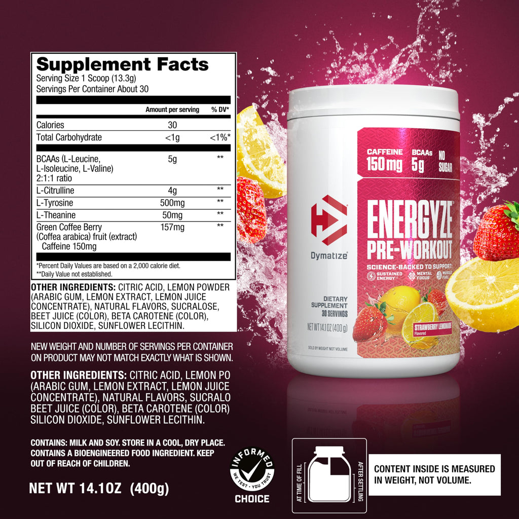 Pre Workout Powder Strawberry Lemonade 150mg Caffeine 5g BCAAs 30 Servings C555