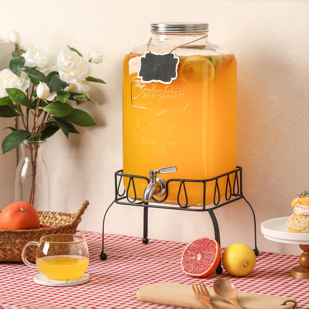 2 Gallon Glass Drink Dispenser with Stand E5266