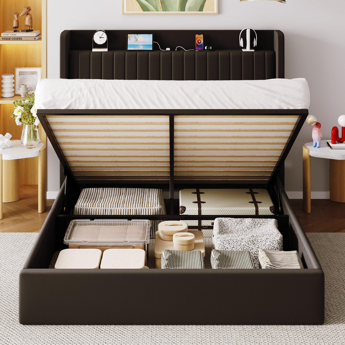 Full Lift Up Storage Hydraulic Bed Frame Black H802
