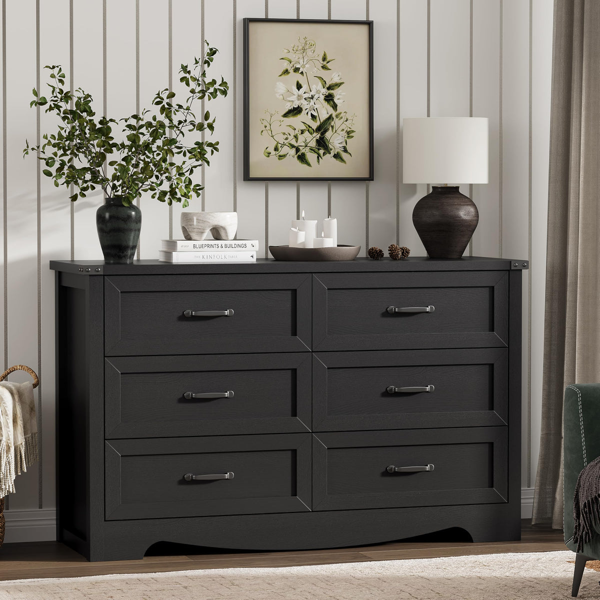 Black 6 Drawer Wood Dresser H532