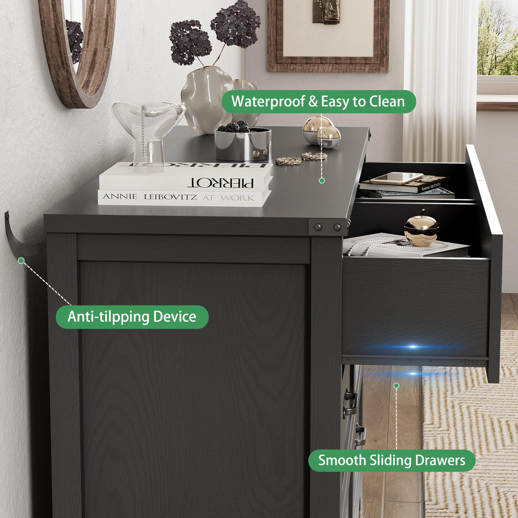 Black 6 Drawer Wood Dresser H532